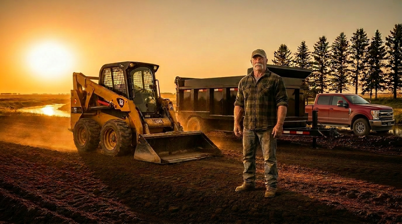 Skid steer, dump trailer, and worker on a cleared site at golden hour